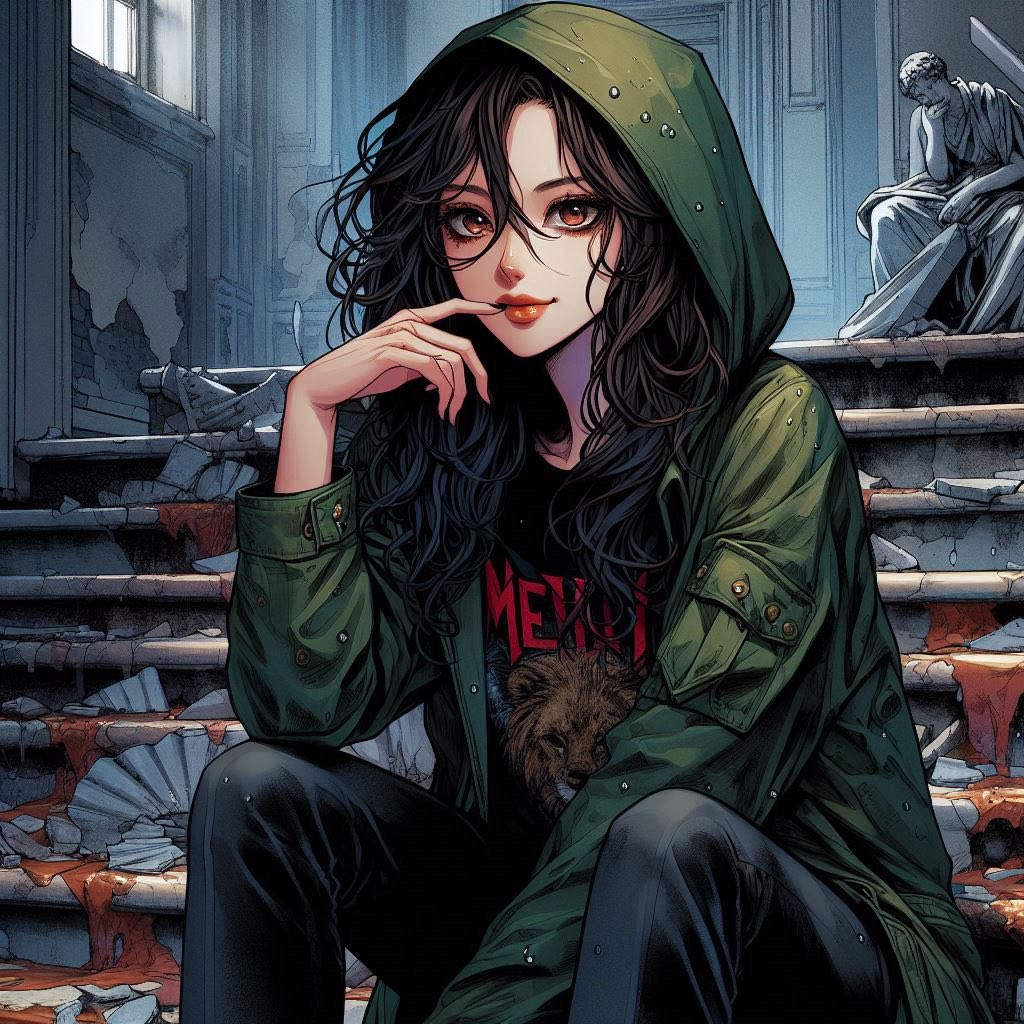 在廢墟樓梯上的女子