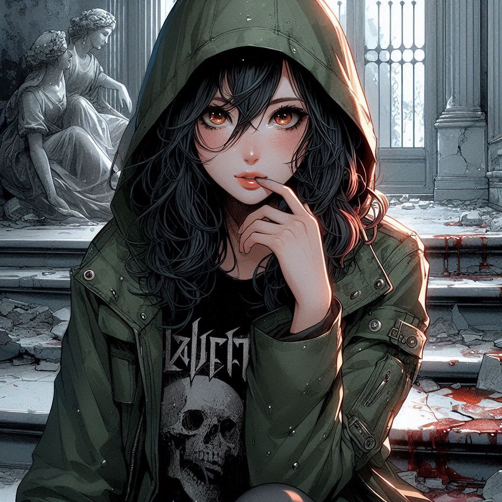 在廢墟樓梯上的女子