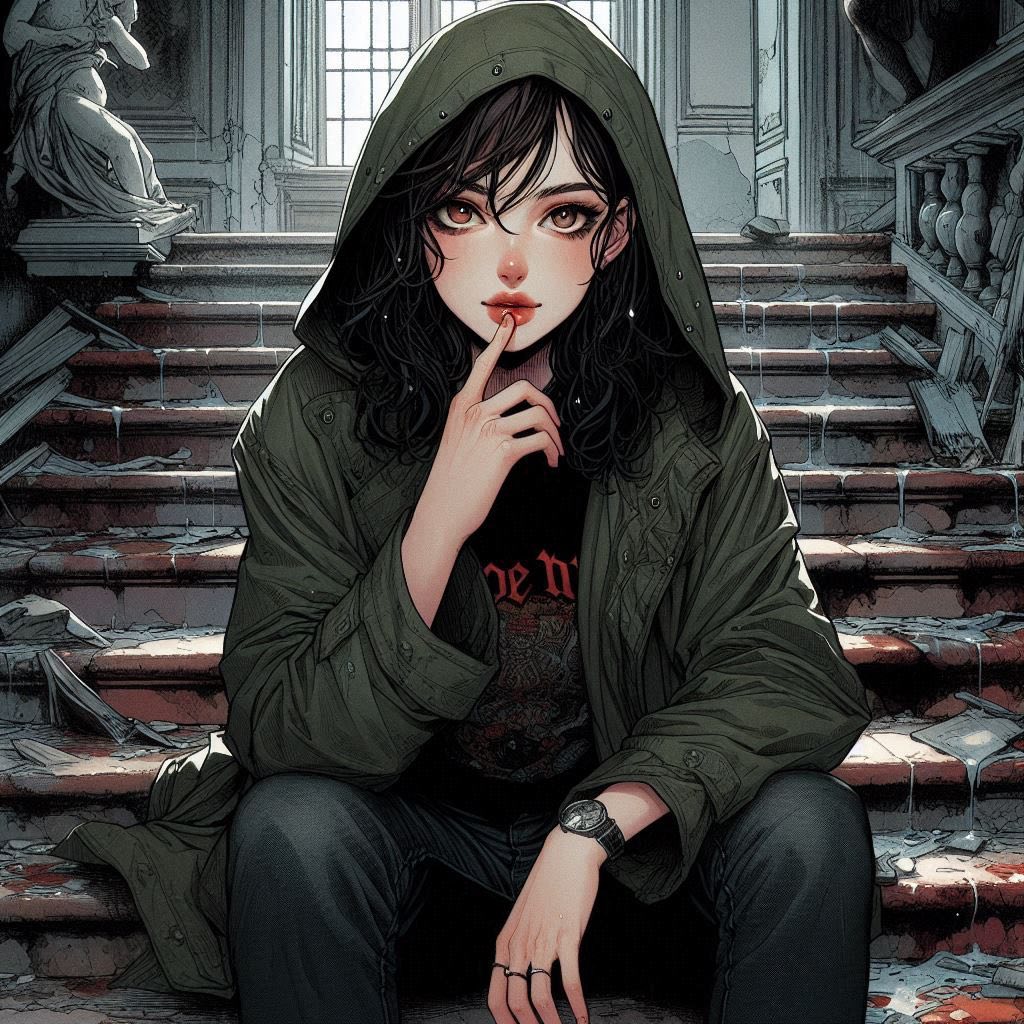 Woman on a ruined staircase