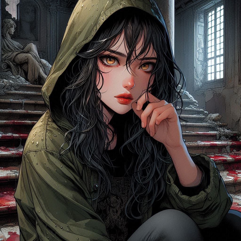 在廢墟樓梯上的女子