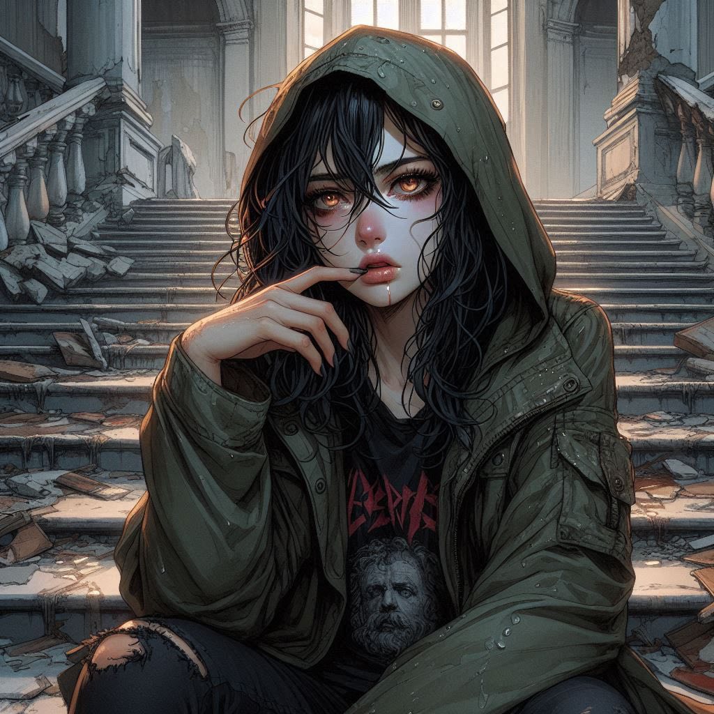 在廢墟樓梯上的女子