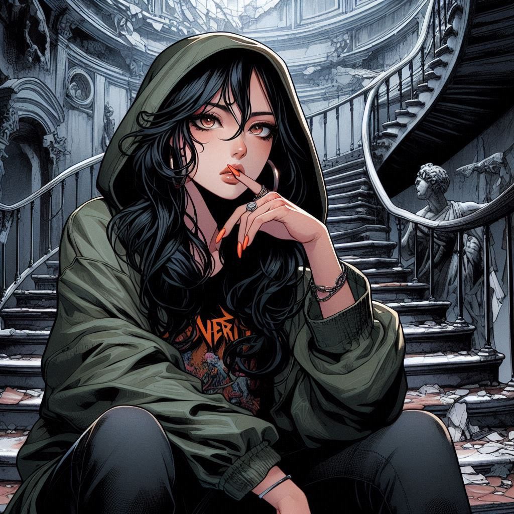 在廢墟樓梯上的女子