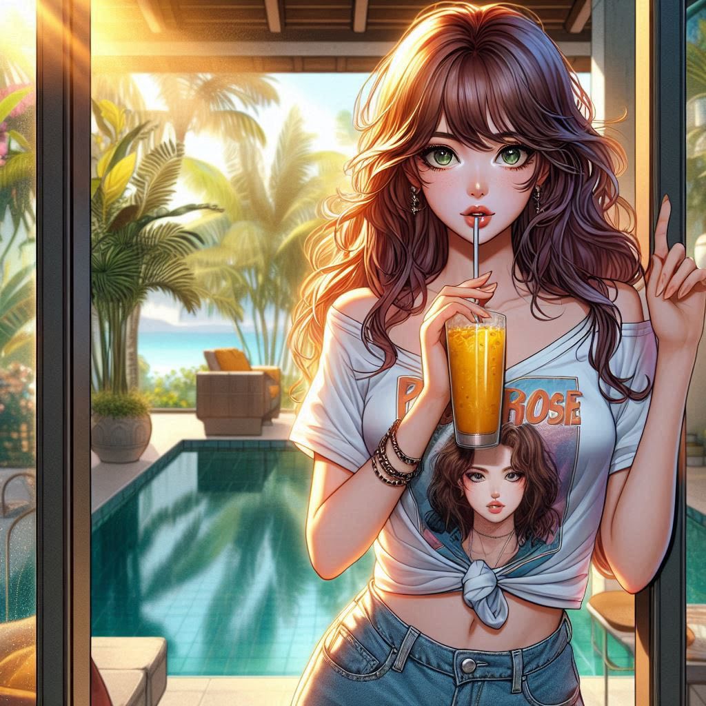 在熱帶渡假村喝涼的果汁
