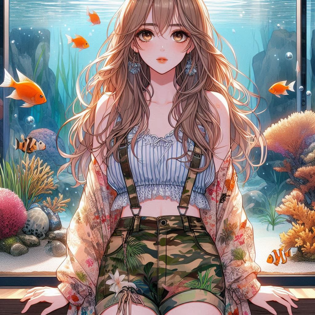 Girl in front of the aquarium