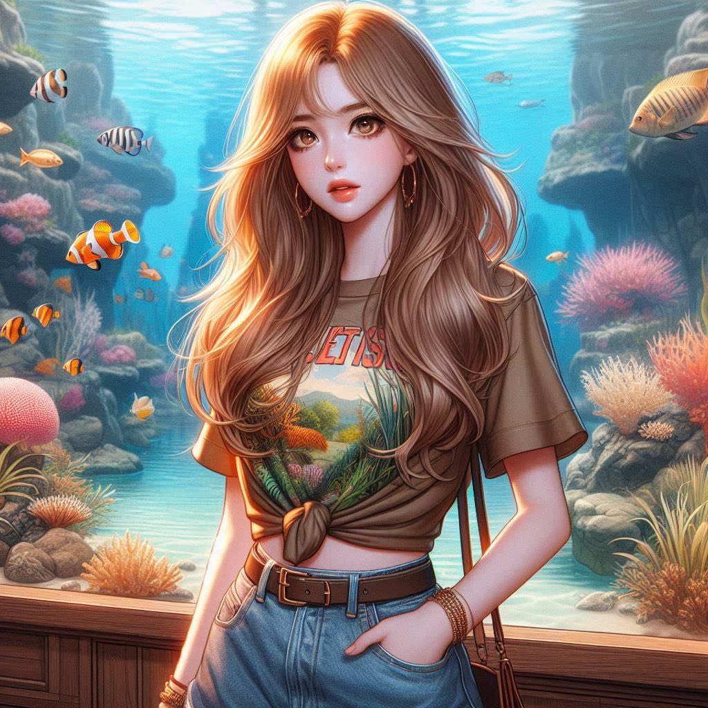 Girl in front of the aquarium