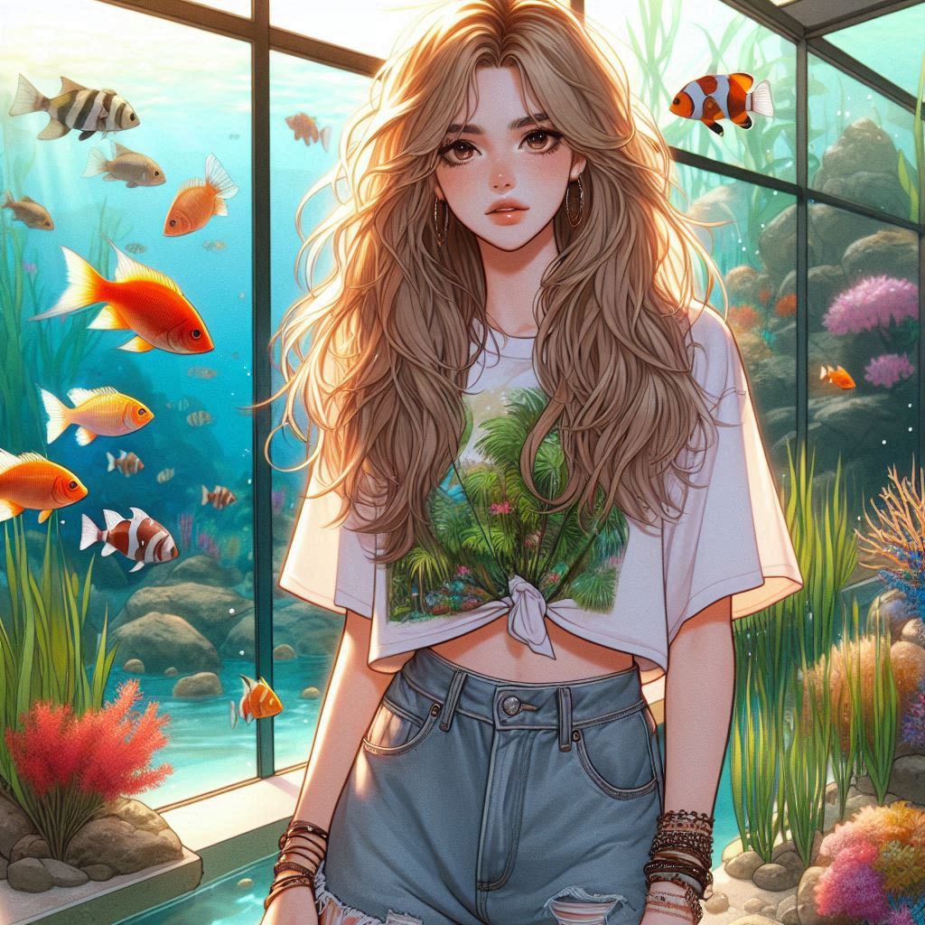 Girl in front of the aquarium