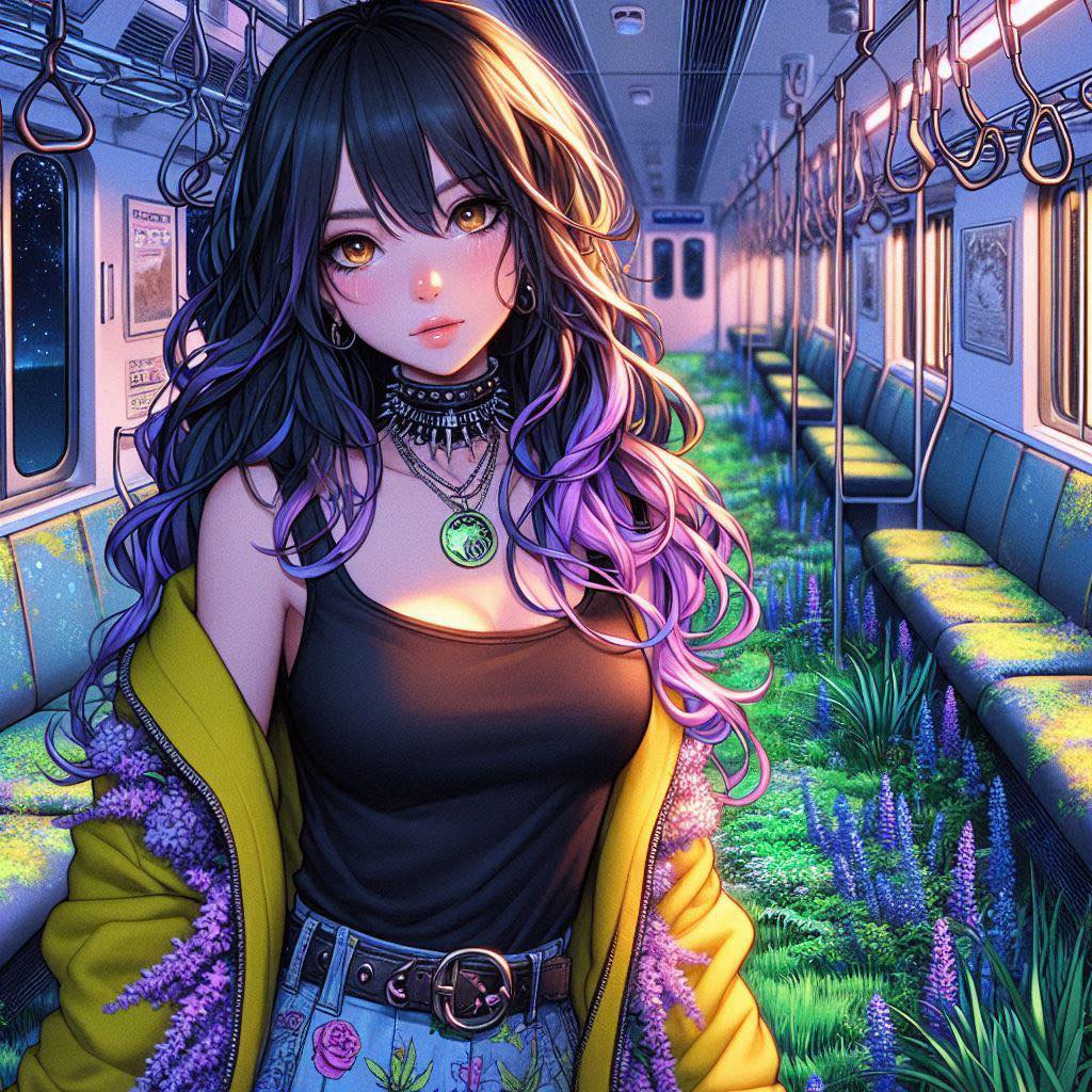 站在長滿花草的車廂