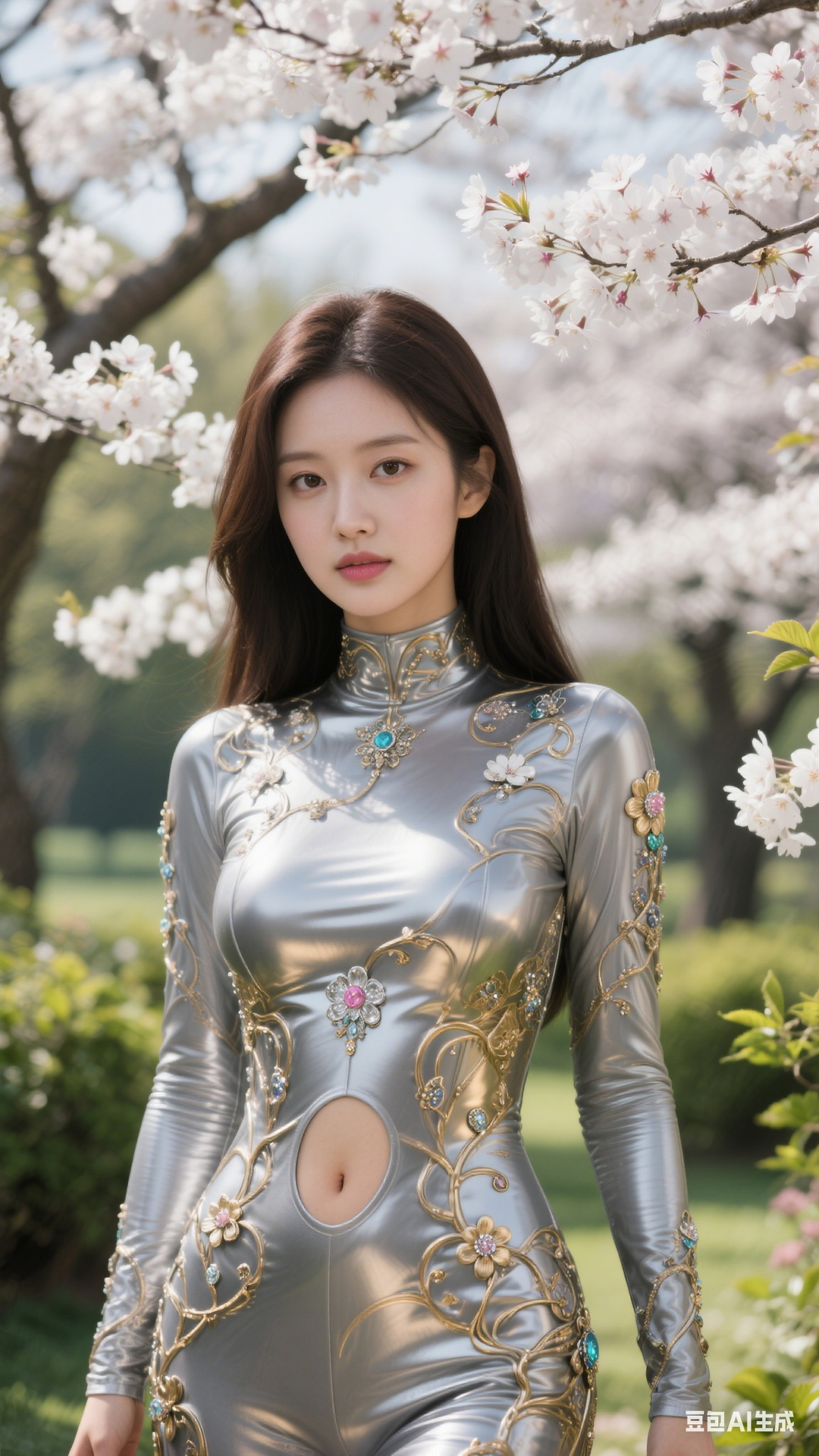 Embossed leotard with silver-grey gold silk flowers