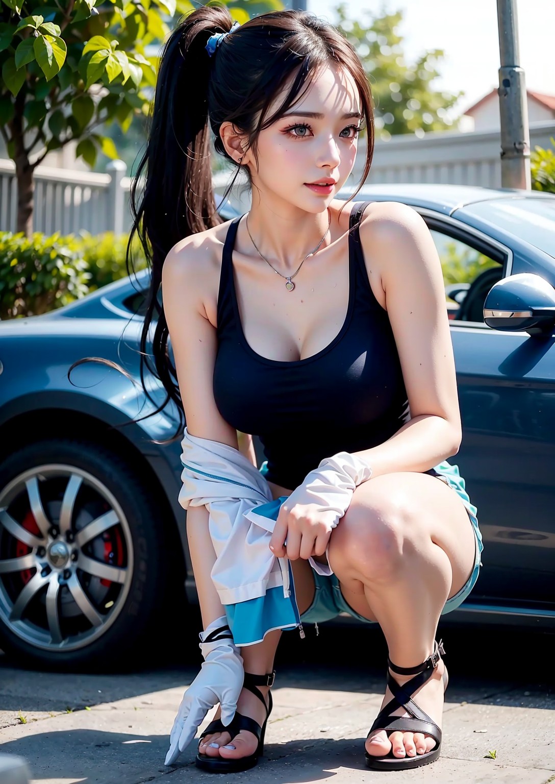 Girl washing car in summer