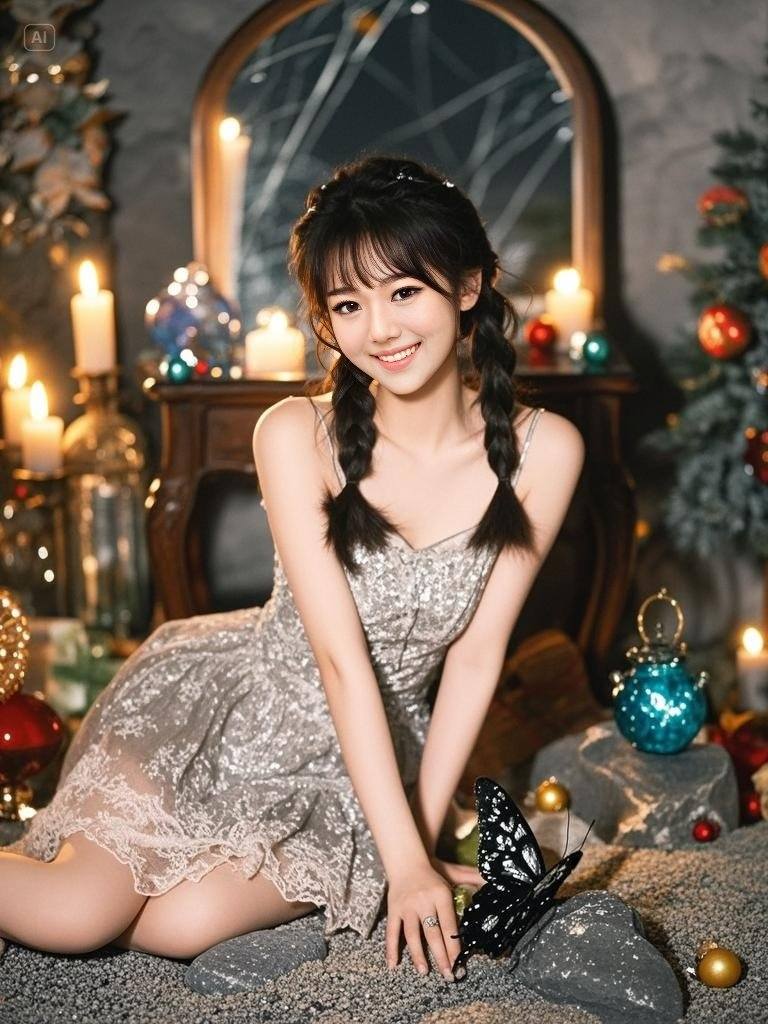 Twin Ponytail Girls Under the Christmas Tree