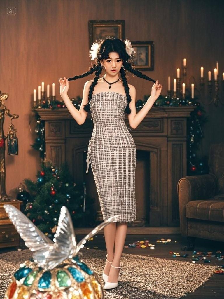 Twin Ponytail Girls Under the Christmas Tree
