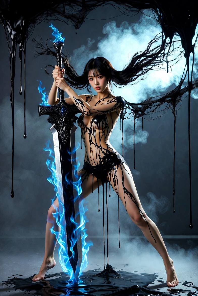Black ink dress. Enchanted jacket. Blue flame sword
