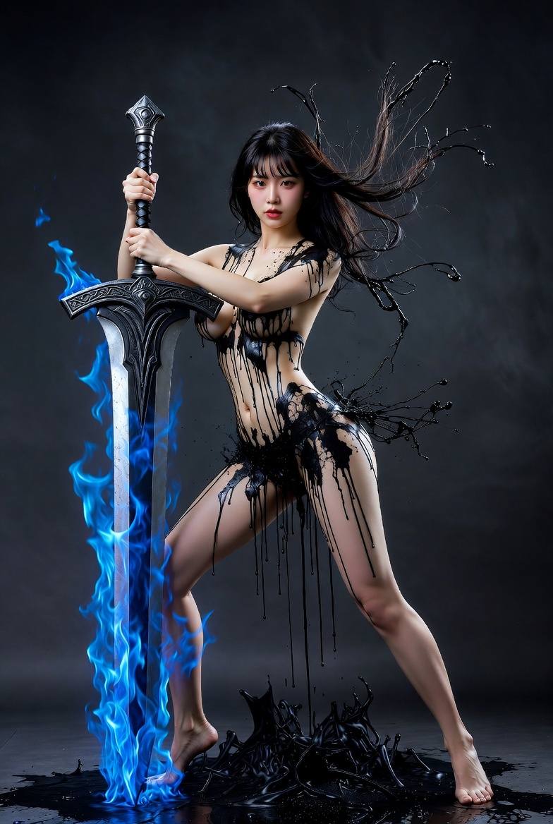 Black ink dress. Enchanted jacket. Blue flame sword